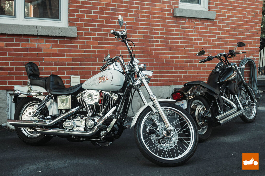 Dyna Wide Glide and Softail Night Train in front of brick wall