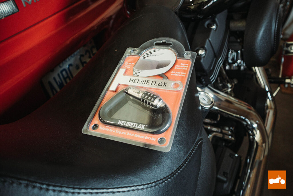 Helmetlok on seat of Harley Davidson